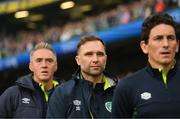 11 June 2022; Republic of Ireland coach John Eustace with goalkeeping coach Dean Kiely, left, and coach Keith Andrews, right, during the UEFA Nations League B group 1 match between Republic of Ireland and Scotland at the Aviva Stadium in Dublin. Photo by Stephen McCarthy/Sportsfile