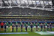 11 June 2022; Republic of Ireland players and mascots stand for the playing of the National Anthem before the UEFA Nations League B group 1 match between Republic of Ireland and Scotland at the Aviva Stadium in Dublin. Photo by Stephen McCarthy/Sportsfile