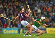 11 June 2022; Conor McDonald of Wexford in action against Mikey Boyle of Kerry during the GAA Hurling All-Ireland Senior Championship Preliminary Quarter-Final match between Kerry and Wexford at Austin Stack Park in Tralee, Kerry. Photo by Diarmuid Greene/Sportsfile