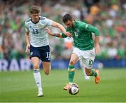 11 June 2022; Troy Parrott of Republic of Ireland in action against Jack Hendry of Scotland during the UEFA Nations League B group 1 match between Republic of Ireland and Scotland at the Aviva Stadium in Dublin. Photo by Stephen McCarthy/Sportsfile