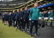 11 June 2022; Republic of Ireland manager Stephen Kenny and his backroom staff stand for the playing of the National Anthem before the UEFA Nations League B group 1 match between Republic of Ireland and Scotland at the Aviva Stadium in Dublin. Photo by Stephen McCarthy/Sportsfile