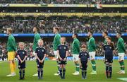 11 June 2022; Mascots and Republic of Ireland players stand for the playing of the National Anthem before the UEFA Nations League B group 1 match between Republic of Ireland and Scotland at the Aviva Stadium in Dublin. Photo by Stephen McCarthy/Sportsfile