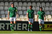 14 June 2022; Republic of Ireland players, including Conor Coventry, left, reacts after his side concede their first goal, from a penalty, during the UEFA European U21 Championship Qualifying group F match between Italy and Republic of Ireland at Stadio Cino e Lillo Del Duca in Ascoli Piceno, Italy. Photo by Eóin Noonan/Sportsfile