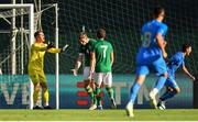 14 June 2022; Republic of Ireland goalkeeper Brian Maher protests to teammate Mark McGuinness after conceding their side's third goal during the UEFA European U21 Championship Qualifying group F match between Italy and Republic of Ireland at Stadio Cino e Lillo Del Duca in Ascoli Piceno, Italy. Photo by Eóin Noonan/Sportsfile