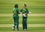 14 June 2022; Lara Goodall of South Africa, left, celebrates with Andrie Steyn of South Africa after their side's victory during the Women's one day international match between Ireland and South Africa at Clontarf Cricket Club in Dublin. Photo by George Tewkesbury/Sportsfile