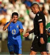 14 June 2022; Fabiano Parisi of Italy protests to referee Gergo Bogár after he awards a penalty to the Republic of Ireland during the UEFA European U21 Championship Qualifying group F match between Italy and Republic of Ireland at Stadio Cino e Lillo Del Duca in Ascoli Piceno, Italy. Photo by Eóin Noonan/Sportsfile