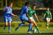 14 June 2022; Evan Ferguson of Republic of Ireland in action against Nicoló Rovella, left, and Caleb Okoli of Italy during the UEFA European U21 Championship Qualifying group F match between Italy and Republic of Ireland at Stadio Cino e Lillo Del Duca in Ascoli Piceno, Italy. Photo by Eóin Noonan/Sportsfile