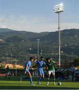 14 June 2022; Tyreik Wright of Republic of Ireland in action against Pietro Pellegri, centre, and Andrea Cambiaso of Italy during the UEFA European U21 Championship Qualifying group F match between Italy and Republic of Ireland at Stadio Cino e Lillo Del Duca in Ascoli Piceno, Italy. Photo by Eóin Noonan/Sportsfile