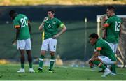 14 June 2022; Republic of Ireland players, including Conor Coventry, centre, at the water break during the UEFA European U21 Championship Qualifying group F match between Italy and Republic of Ireland at Stadio Cino e Lillo Del Duca in Ascoli Piceno, Italy. Photo by Eóin Noonan/Sportsfile