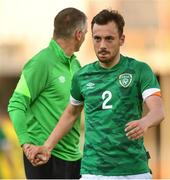 14 June 2022; Lee O'Connor of Republic of Ireland and Republic of Ireland manager Jim Crawford after the UEFA European U21 Championship Qualifying group F match between Italy and Republic of Ireland at Stadio Cino e Lillo Del Duca in Ascoli Piceno, Italy. Photo by Eóin Noonan/Sportsfile