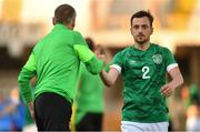 14 June 2022; Lee O'Connor of Republic of Ireland and Republic of Ireland manager Jim Crawford after the UEFA European U21 Championship Qualifying group F match between Italy and Republic of Ireland at Stadio Cino e Lillo Del Duca in Ascoli Piceno, Italy. Photo by Eóin Noonan/Sportsfile