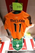 14 June 2022; The jersey of Republic of Ireland captain James McClean hangs in the dressing room before the UEFA Nations League B group 1 match between Ukraine and Republic of Ireland at LKS Stadium in Lodz, Poland. Photo by Stephen McCarthy/Sportsfile