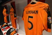14 June 2022; The jersey of Darragh Lenihan of Republic of Ireland hangs in the Republic of Ireland dressing room before the UEFA Nations League B group 1 match between Ukraine and Republic of Ireland at LKS Stadium in Lodz, Poland. Photo by Stephen McCarthy/Sportsfile