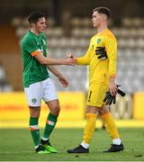 14 June 2022; Conor Coventry of Republic of Ireland, left, and Republic of Ireland goalkeeper Brian Maher after their side's defeat in the UEFA European U21 Championship Qualifying group F match between Italy and Republic of Ireland at Stadio Cino e Lillo Del Duca in Ascoli Piceno, Italy. Photo by Eóin Noonan/Sportsfile