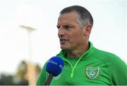 14 June 2022; Republic of Ireland manager Jim Crawford is interviewed by RTÉ after the UEFA European U21 Championship Qualifying group F match between Italy and Republic of Ireland at Stadio Cino e Lillo Del Duca in Ascoli Piceno, Italy. Photo by Eóin Noonan/Sportsfile