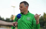 14 June 2022; Republic of Ireland manager Jim Crawford is interviewed by RTÉ after the UEFA European U21 Championship Qualifying group F match between Italy and Republic of Ireland at Stadio Cino e Lillo Del Duca in Ascoli Piceno, Italy. Photo by Eóin Noonan/Sportsfile
