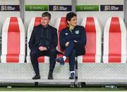 14 June 2022; Republic of Ireland manager Stephen Kenny, left, and coach Keith Andrews before the UEFA Nations League B group 1 match between Ukraine and Republic of Ireland at LKS Stadium in Lodz, Poland. Photo by Stephen McCarthy/Sportsfile