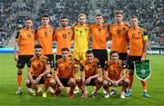 14 June 2022; The Republic of Ireland team, back row from left, Alan Browne, Darragh Lenihan, Troy Parrott, Caoimhin Kelleher, Dara O'Shea, Nathan Collins and captain James McClean. Front row from left, Scott Hogan, Jayson Molumby, Jason Knight and Josh Cullen before the UEFA Nations League B group 1 match between Ukraine and Republic of Ireland at LKS Stadium in Lodz, Poland. Photo by Stephen McCarthy/Sportsfile