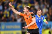 14 June 2022; Nathan Collins of Republic of Ireland celebrates after scoring his side's first goal during the UEFA Nations League B group 1 match between Ukraine and Republic of Ireland at LKS Stadium in Lodz, Poland. Photo by Stephen McCarthy/Sportsfile