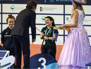 14 June 2022; Nicole Turner of Ireland is presented with her bronze medal after the final of the 200m individual medley SM6 class on day three of the 2022 World Para Swimming Championships at the Complexo de Piscinas Olímpicas do Funchal in Madeira, Portugal. Photo by Ian MacNicol/Sportsfile