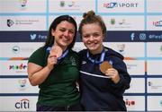 14 June 2022; Nicole Turner of Ireland with Maisie Summers-Newton of Great Britain with their medals, after the final of the 200m individual medley SM6 class on day three of the 2022 World Para Swimming Championships at the Complexo de Piscinas Olímpicas do Funchal in Madeira, Portugal. Photo by Ian MacNicol/Sportsfile
