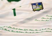 14 June 2022; A detailed view of the jersey during a Limerick hurling squad portrait session at TUS Gaelic Grounds in Limerick. Photo by David Fitzgerald/Sportsfile