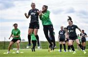 15 June 2022; Louise Quinn, left, and Megan Walsh during a Republic of Ireland Women training session at FAI Headquarters in Abbotstown, Dublin. Photo by Piaras Ó Mídheach/Sportsfile