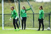 15 June 2022; Goalkeepers, from left, Grace Moloney, Megan Walsh and Naoisha McAloon during a Republic of Ireland Women training session at FAI Headquarters in Abbotstown, Dublin. Photo by Piaras Ó Mídheach/Sportsfile