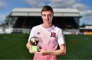16 June 2022; Daniel Kelly of Dundalk receives the SSE Airtricity / SWI Player of the Month for May 2022 at Oriel Park in Dundalk, Louth. Photo by Ben McShane/Sportsfile