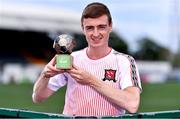 16 June 2022; Daniel Kelly of Dundalk receives the SSE Airtricity / SWI Player of the Month for May 2022 at Oriel Park in Dundalk, Louth. Photo by Ben McShane/Sportsfile