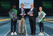 15 June 2022; In attendance at the launch of Athletics Ireland’s new High Performance Strategic Plan 2022 - 2028 are, from left, Irish Sprinter Israel Olatunde, Athletics Ireland High Performance Director Paul McNamara, Athletics Ireland Chief Executive Officer Hamish Adams and Irish Runner Sarah Healy, at the National Indoor Arena in Dublin. Photo by Sam Barnes/Sportsfile