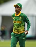 14 June 2022; Ayabonga Khaka of South Africa during the Women's one day international match between Ireland and South Africa at Clontarf Cricket Club in Dublin. Photo by George Tewkesbury/Sportsfile