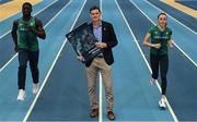 15 June 2022; In attendance at the launch of Athletics Ireland’s new High Performance Strategic Plan 2022 - 2028 is Athletics Ireland High Performance Director Paul McNamara, centre, with Irish sprinter Israel Olatunde and Irish runner Sarah Healy at the National Indoor Arena in Dublin. Photo by Sam Barnes/Sportsfile