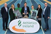 15 June 2022; In attendance at the launch of Athletics Ireland’s new High Performance Strategic Plan 2022 - 2028 are, from left, Athletics Ireland Chief Executive Officer Hamish Adams, Sport Ireland Institute Senior Strength & Conditioning Consultant Martina McCarthy, Irish Sprinter Israel Olatunde, Athletics Ireland High Performance Director Paul McNamara, Irish runner Sarah Healy, Sport Ireland Director of High Performance Niamh O'Sullivan, and Sport Ireland Director for National Governing Bodies & High Performance Paul McDermott at the National Indoor Arena in Dublin. Photo by Sam Barnes/Sportsfile
