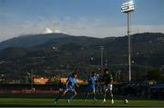 14 June 2022; Tyreik Wright of Republic of Ireland in action against Italy players Andrea Cambiaso, left, and Pietro Pellegri during the UEFA European U21 Championship Qualifying group F match between Italy and Republic of Ireland at Stadio Cino e Lillo Del Duca in Ascoli Piceno, Italy. Photo by Eóin Noonan/Sportsfile
