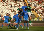 14 June 2022; Pietro Pellegri of Italy contests a corner with Joshua Ogunfaolu-Kayode of Republic of Ireland during the UEFA European U21 Championship Qualifying group F match between Italy and Republic of Ireland at Stadio Cino e Lillo Del Duca in Ascoli Piceno, Italy. Photo by Eóin Noonan/Sportsfile