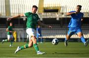 14 June 2022; Evan Ferguson of Republic of Ireland in action against Samuele Ricci of Italy during the UEFA European U21 Championship Qualifying group F match between Italy and Republic of Ireland at Stadio Cino e Lillo Del Duca in Ascoli Piceno, Italy. Photo by Eóin Noonan/Sportsfile