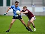 12 June 2022; Oscar Donohoe of Dublin in action against Seán Dunne of Galway during the Electric Ireland GAA Football All-Ireland Minor Championship Quarter-Final match between Dublin and Galway at O'Connor Park in Tullamore, Offaly. Photo by Piaras Ó Mídheach/Sportsfile