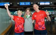 17 June 2022; Special Olympics’ Team Ireland jetted off to Berlin today on Aer Lingus flight EI336 ahead of the 2022 Special Olympics German National Games. Taking place between 19-24 June, these Games will be the largest sporting and humanitarian event in the world and are an important stepping stone towards the 2023 World Summer Games, which will also take place in Berlin. As official airline of Special Olympics Ireland, Aer Lingus ground staff and flight crew were on hand to lend their support and wish Team Ireland well as they embarked on their journey to Berlin. Pictured is open water swimmer Edel Armstrong, with her parents Margaret and Derek. Photo by Ramsey Cardy/Sportsfile