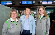 17 June 2022; Special Olympics’ Team Ireland jetted off to Berlin today on Aer Lingus flight EI336 ahead of the 2022 Special Olympics German National Games. Taking place between 19-24 June, these Games will be the largest sporting and humanitarian event in the world and are an important stepping stone towards the 2023 World Summer Games, which will also take place in Berlin. As official airline of Special Olympics Ireland, Aer Lingus ground staff and flight crew were on hand to lend their support and wish Team Ireland well as they embarked on their journey to Berlin. Pictured are open water swimmers Aisling Beacom, left, and Edel Armstrong, right, with Dee Williams. Photo by Ramsey Cardy/Sportsfile