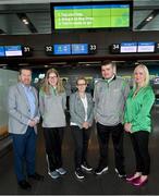 17 June 2022; Special Olympics’ Team Ireland jetted off to Berlin today on Aer Lingus flight EI336 ahead of the 2022 Special Olympics German National Games. Taking place between 19-24 June, these Games will be the largest sporting and humanitarian event in the world and are an important stepping stone towards the 2023 World Summer Games, which will also take place in Berlin. As official airline of Special Olympics Ireland, Aer Lingus ground staff and flight crew were on hand to lend their support and wish Team Ireland well as they embarked on their journey to Berlin. Pictured are, from left, Matt English, Chief Executive Officer, Special Olympics Ireland, Edel Armstrong, open water swimming, Lynne Embleton, Chief Executive Officer, Aer Lingus, Jacob McKenna, open water swimming, and Karen Coventry, Director of Sport, Special Olympics Ireland. Photo by Ramsey Cardy/Sportsfile