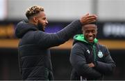 17 June 2022; Barry Cotter, left, shares a joke with Shamrock Rovers teammate Aidomo Emakhu before the SSE Airtricity League Premier Division match between Dundalk and Shamrock Rovers at Oriel Park in Dundalk, Louth. Photo by Ben McShane/Sportsfile