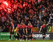 17 June 2022; Dawson Devoy of Bohemians, right, celebrates with teammates after scoring their side's first goal during the SSE Airtricity League Premier Division match between Bohemians and Shelbourne at Dalymount Park in Dublin. Photo by Harry Murphy/Sportsfile
