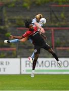 17 June 2022; Promise Omochere of Bohemians in action against Aaron O’Driscoll of Shelbourne during the SSE Airtricity League Premier Division match between Bohemians and Shelbourne at Dalymount Park in Dublin. Photo by Harry Murphy/Sportsfile