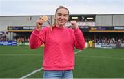 17 June 2022; 2022 IBA World Light-welterweight champion Amy Broadhurst is presented to Oriel Park at half-time of the SSE Airtricity League Premier Division match between Dundalk and Shamrock Rovers at Oriel Park in Dundalk, Louth. Photo by Ben McShane/Sportsfile