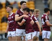 12 June 2022; Galway players Shay McGlinchey, 9, and Tomás Farthing celebrate after their side's victory in the Electric Ireland GAA Football All-Ireland Minor Championship Quarter-Final match between Dublin and Galway at O'Connor Park in Tullamore, Offaly. Photo by Piaras Ó Mídheach/Sportsfile