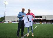 17 June 2022; 2022 IBA World Light-welterweight champion Amy Broadhurst is presented Dundalk jersey by Dundalk chief operating officer Martin Connolly at half-time of the SSE Airtricity League Premier Division match between Dundalk and Shamrock Rovers at Oriel Park in Dundalk, Louth. Photo by Ben McShane/Sportsfile