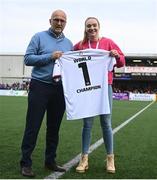 17 June 2022; 2022 IBA World Light-welterweight champion Amy Broadhurst is presented Dundalk jersey by Dundalk chief operating officer Martin Connolly at half-time of the SSE Airtricity League Premier Division match between Dundalk and Shamrock Rovers at Oriel Park in Dundalk, Louth. Photo by Ben McShane/Sportsfile