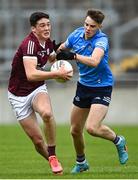 12 June 2022; Shay McGlinchey of Galway in action against David Lucey of Dublin during the Electric Ireland GAA Football All-Ireland Minor Championship Quarter-Final match between Dublin and Galway at O'Connor Park in Tullamore, Offaly. Photo by Piaras Ó Mídheach/Sportsfile