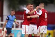 17 June 2022; Eoin Doyle of St Patrick's Athletic, left, is congratulated by team-mates Chris Forrester, centre, and Mark Doyle during the SSE Airtricity League Premier Division match between St Patrick's Athletic and UCD at Richmond Park in Dublin. Photo by Michael P Ryan/Sportsfile